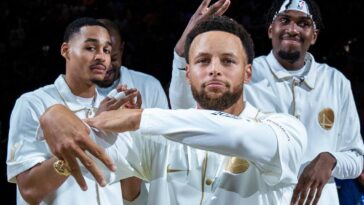 Stephen Curry and his teammates in a shoot.